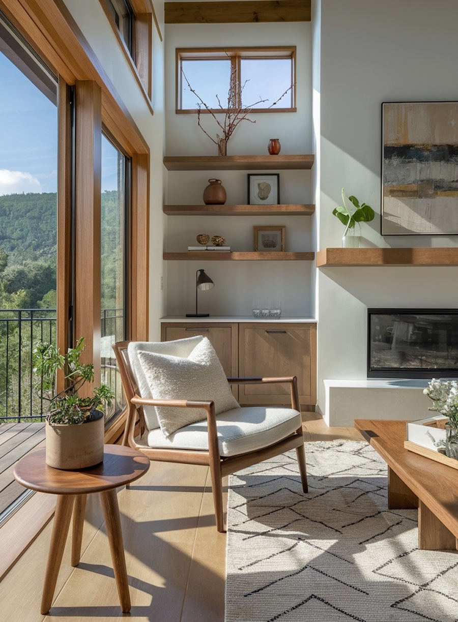 a living room with warm wood and organic modern decor