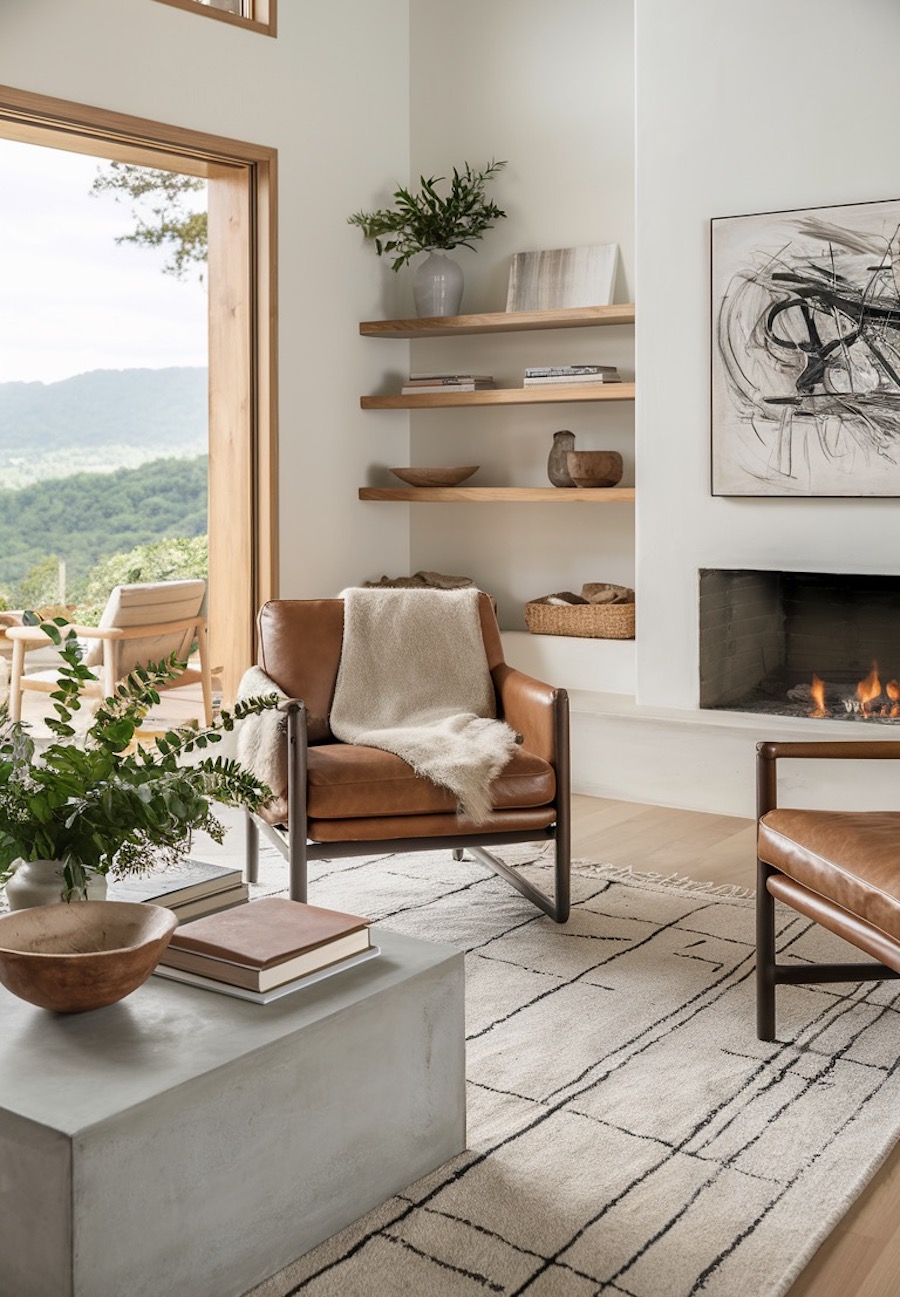 a living room with abstract art and soft earthy tones