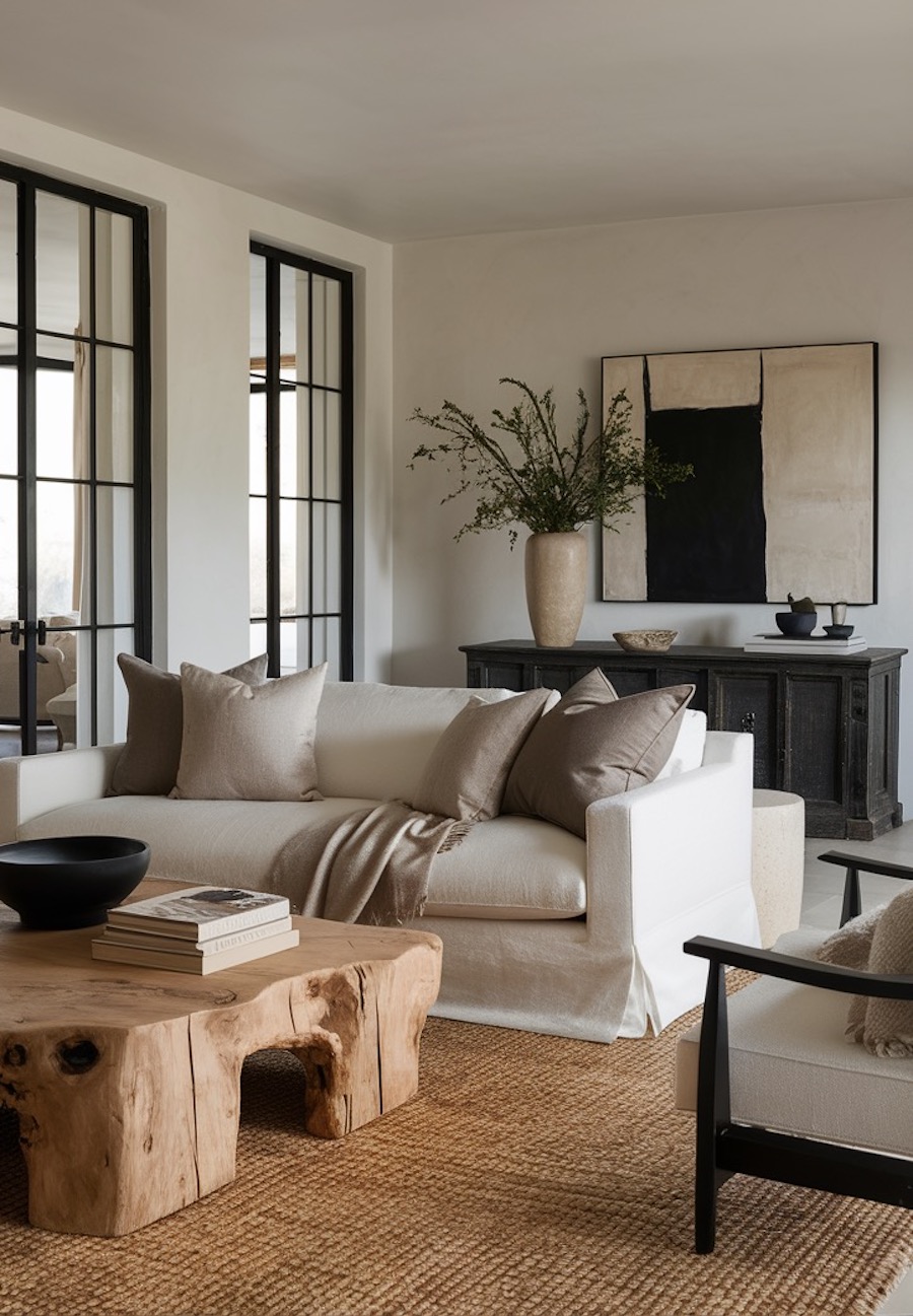 an organic modern living room with warm neutrals and black and white decor