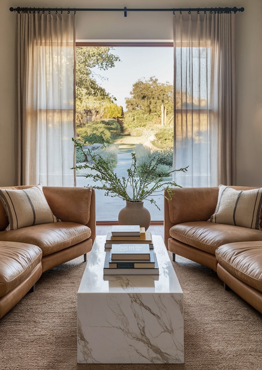 an organic modern living room with warm furnishings and elevated decor