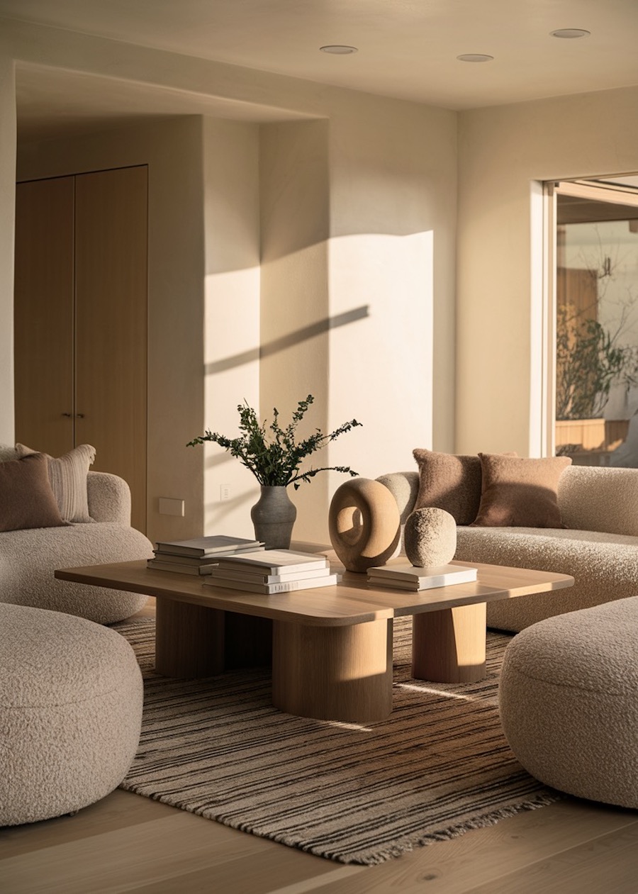 an organic modern living room in a warm neutral palette