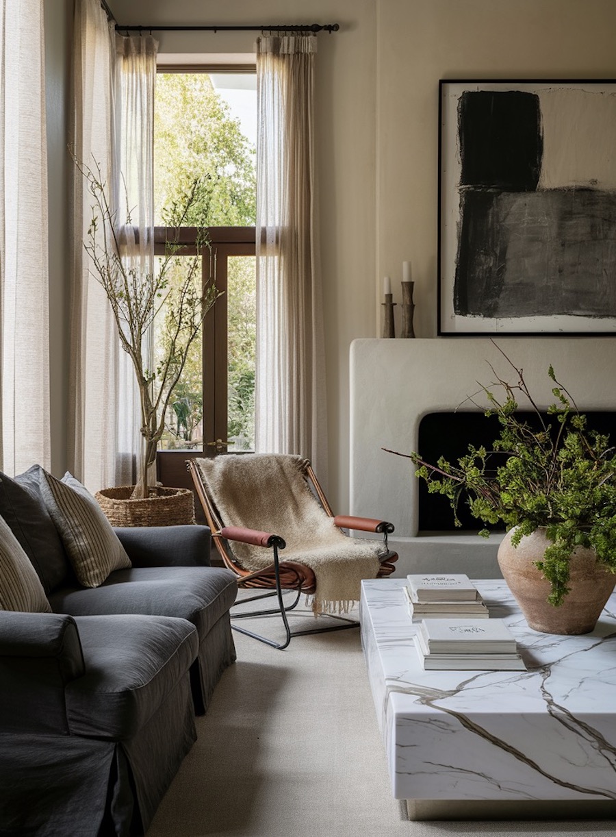 a dark and moody organic modern living room