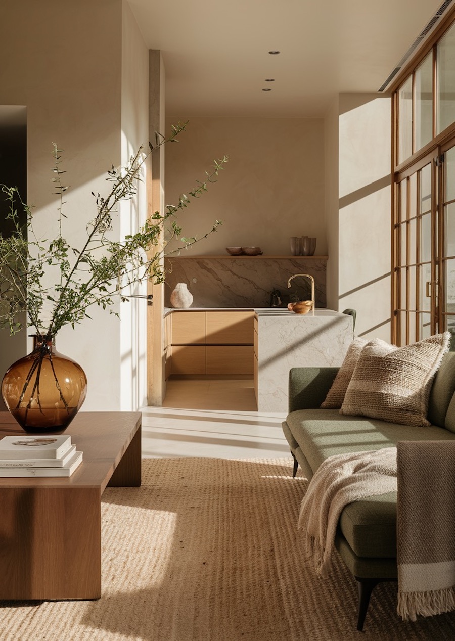 an organic modern living room with earthy tones