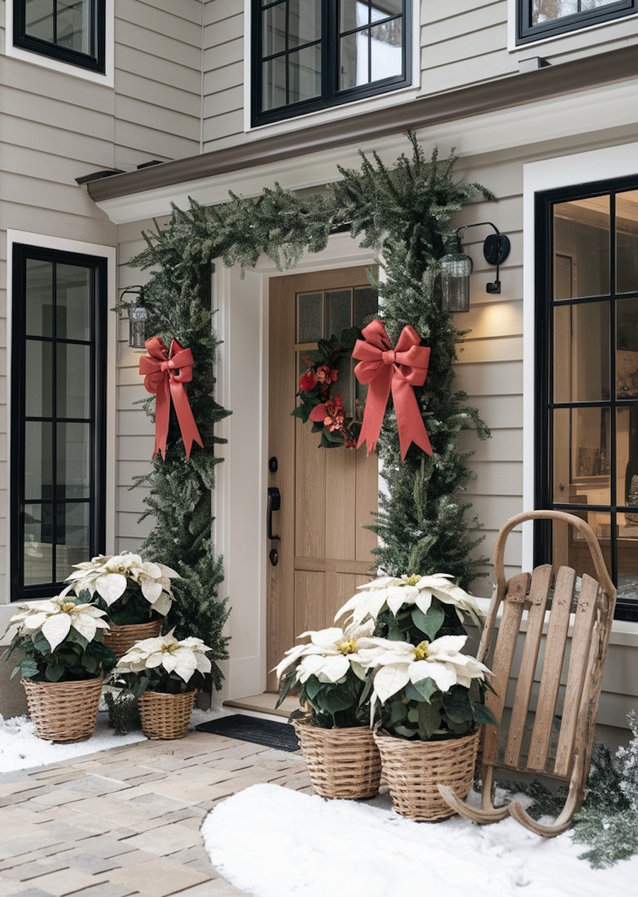 a front door with white poinsettias, pine garland, and red bows