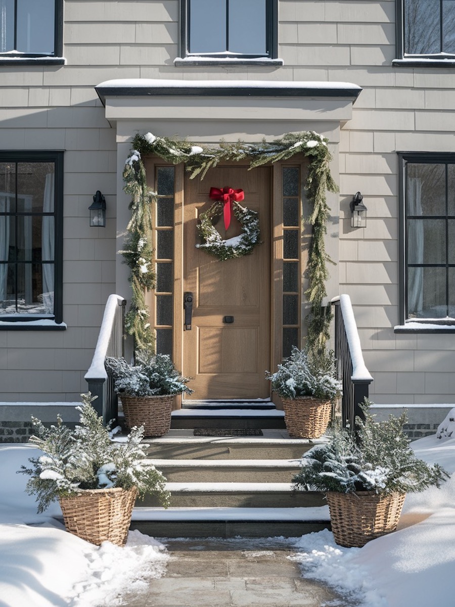 a front porch with snowy pine and wreaths