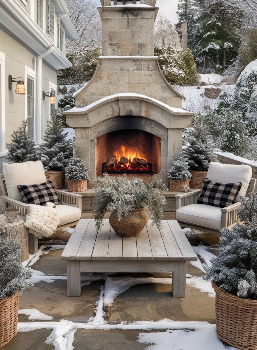 a back porch with table and chairs and a stone fireplace featuring outdoor christmas decor