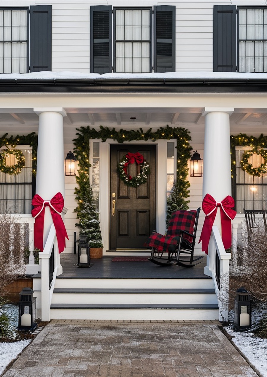 a front porch with red bows, pine garland, pine trees, and plaid pillows