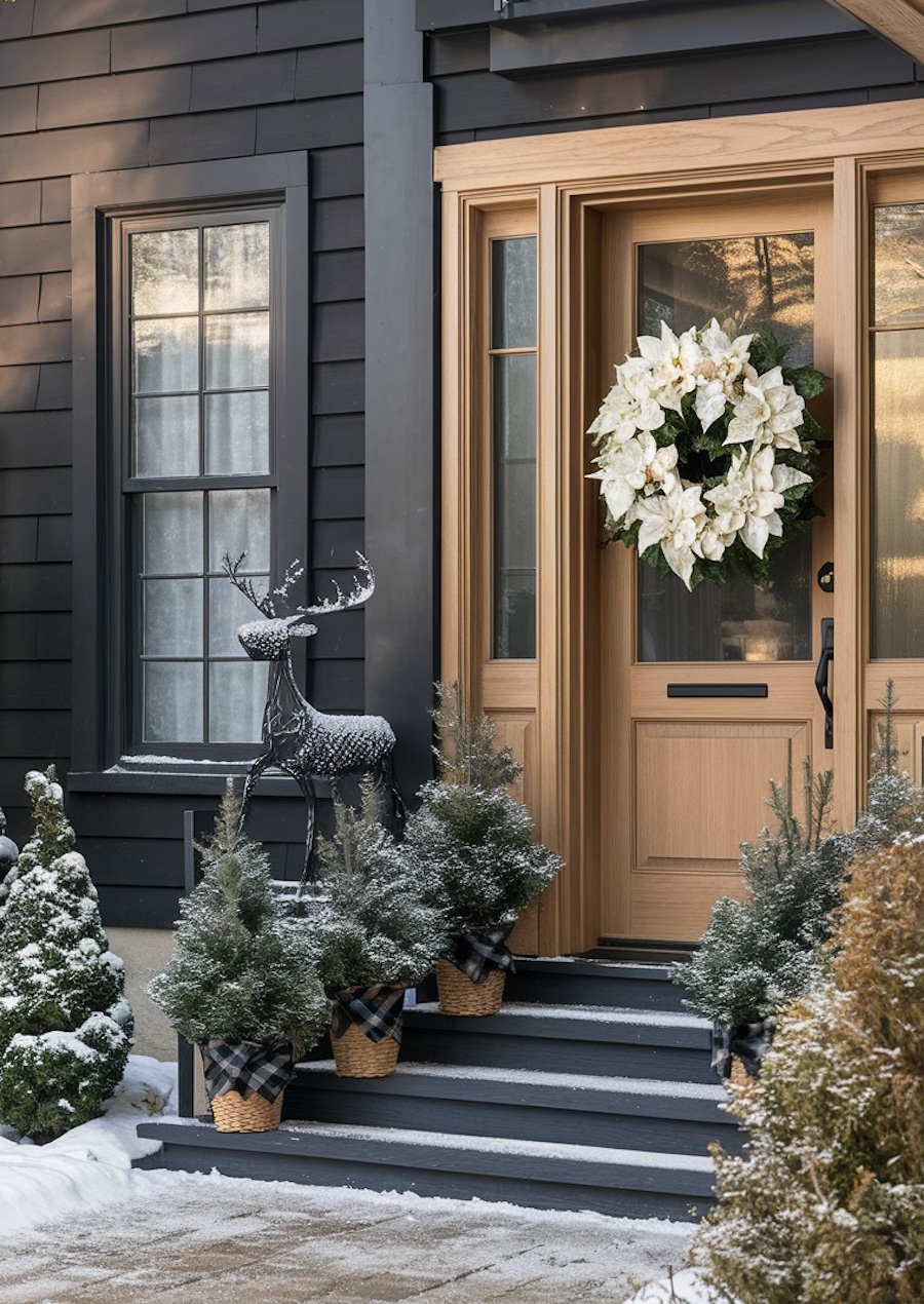 a front porch featuring a metal reindeer, small pine trees, and a poinsettia wreath