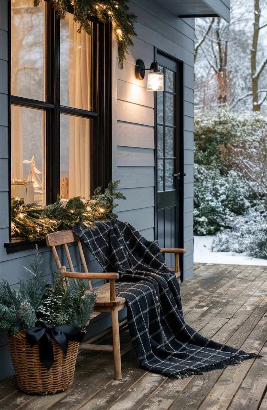 a front porch with a wooden bench, plaid throw blanket, and pine decorations