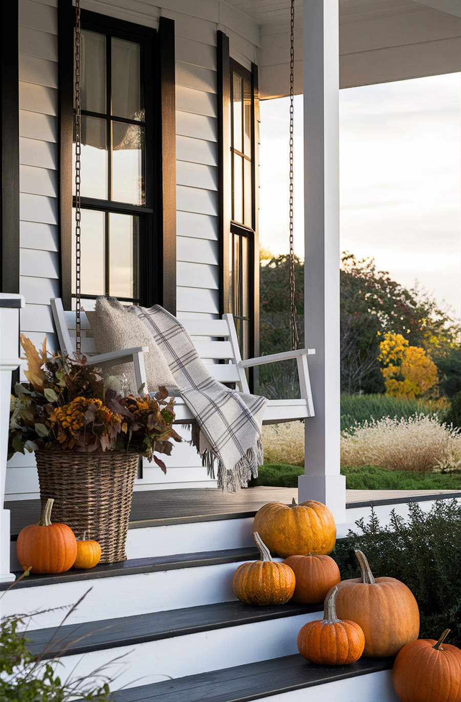 a front porch with pumpkins and a fall-inspired bouquet