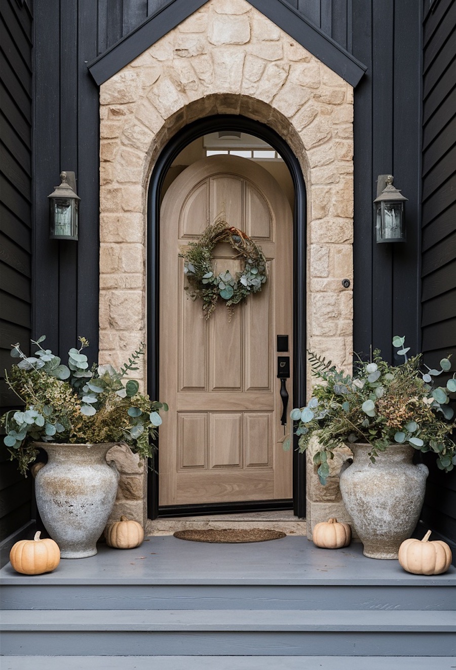 a front porch with simple pumpkin and eucalyptus fall decor