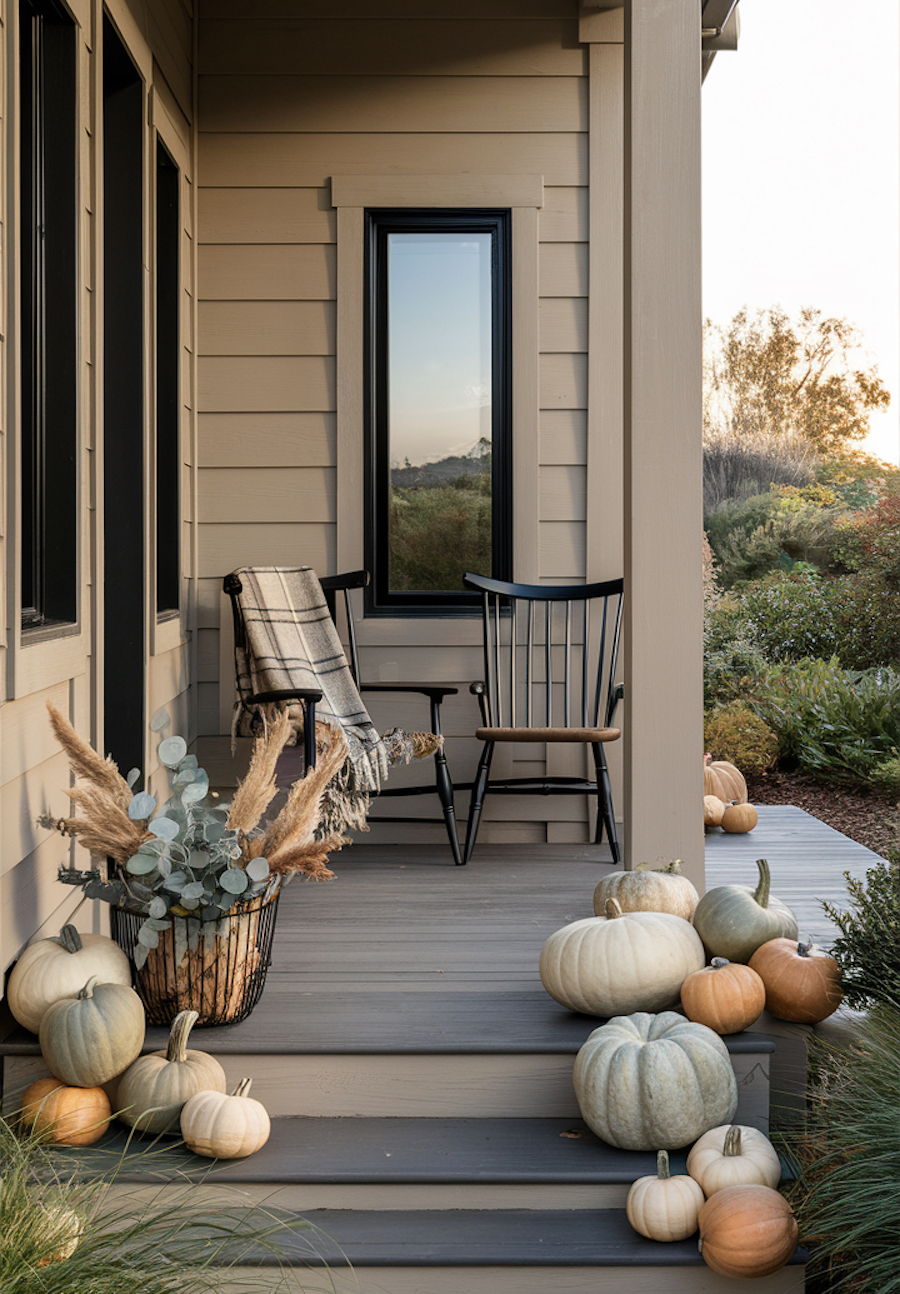 a front porch with checkered throw blankets, different colored pumpkins, and fall foliage bouquets