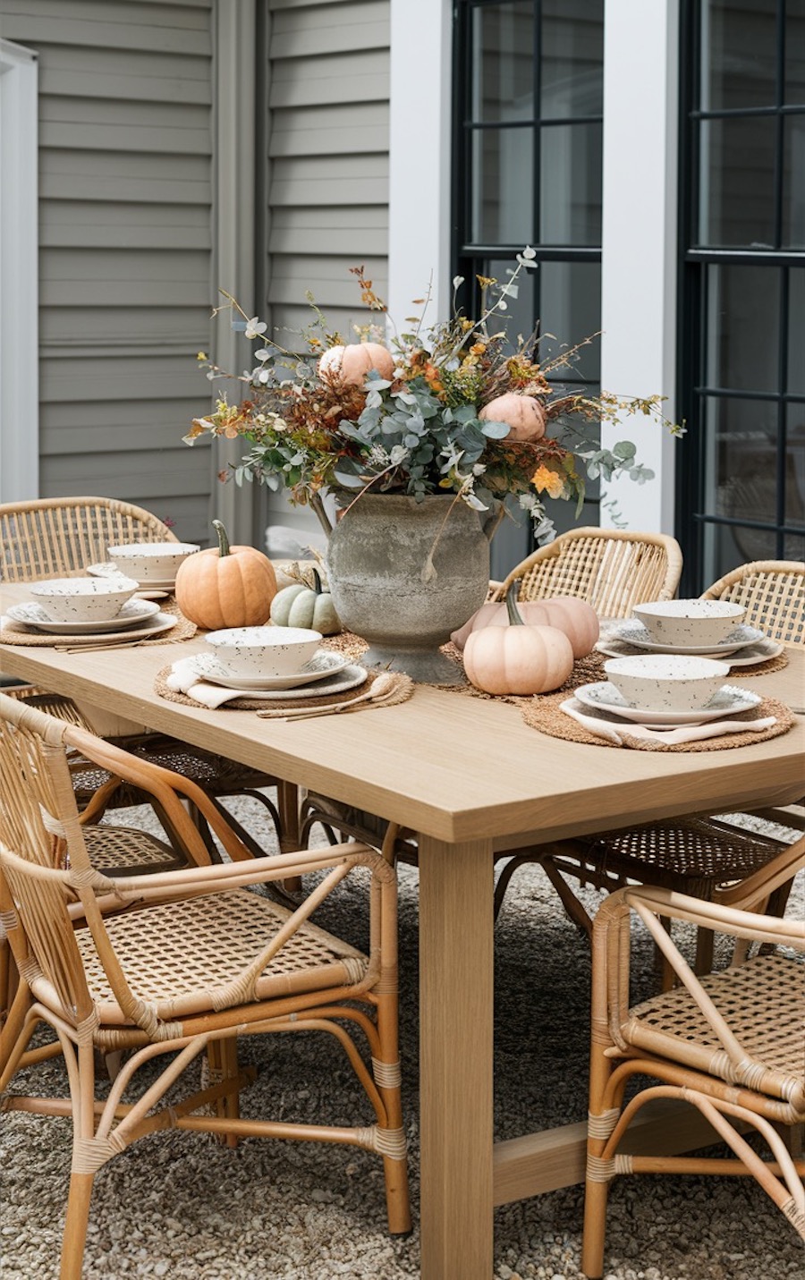 an outdoor dining table with a fall foliage arrangement and pumpkins