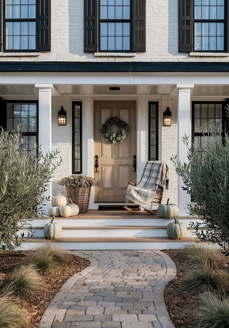 a front porch with large white and blue pumpkins, a botanical plant, and a rocking chair with a plaid throw blanket