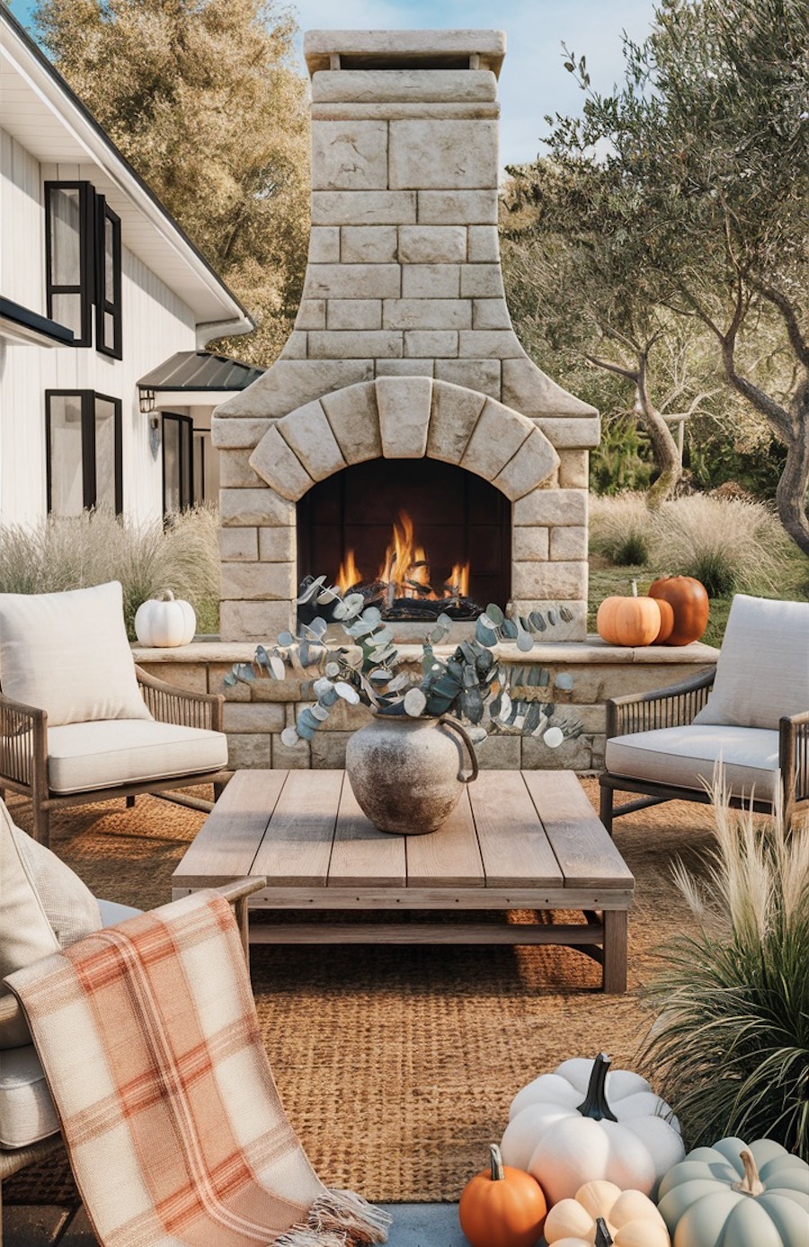 an outdoor seating area with a stone fireplace, pumpkins, fall-colored plaid throw blankets, and autumn plants