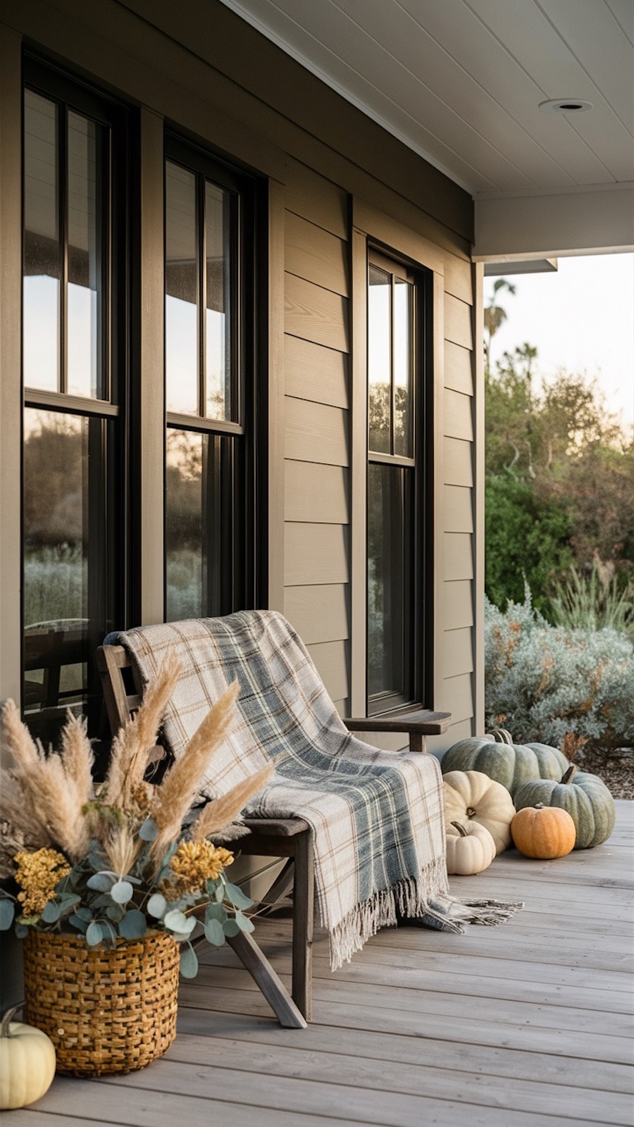 a front porch featuring outdoor fall decor ideas like plaid blankets, fall bouquets, and pumpkins