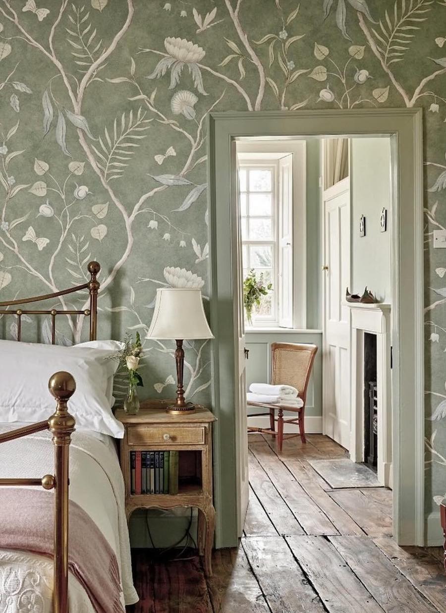 sage green floral wallpaper in a bedroom with feminine and vintage decor