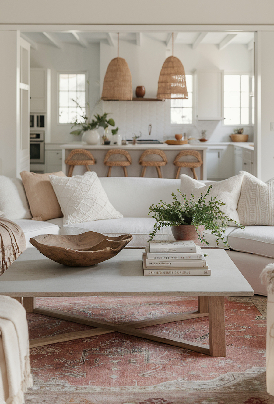 a bohemian living room featuring classic boho decor and nude tones