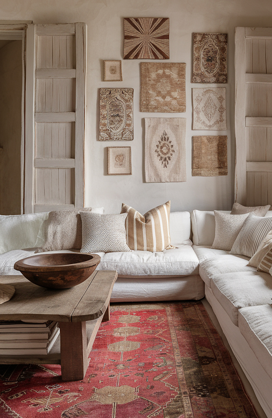 a bohemian living room featuring Persian decor and a neutral palette