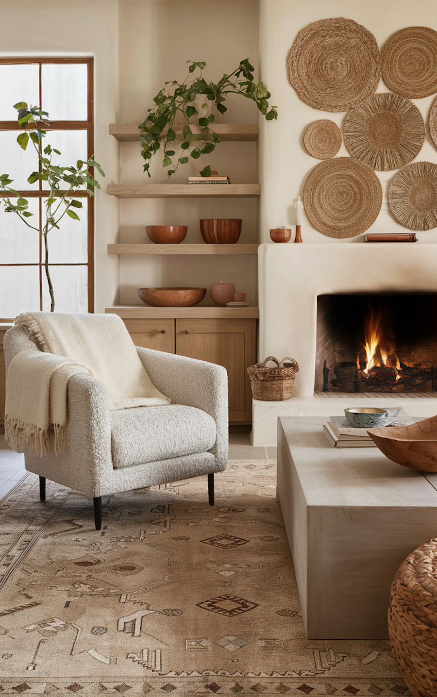 a bohemian living room featuring beige and cream tones