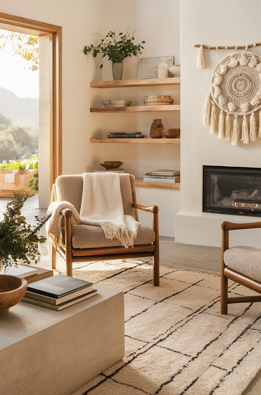 a bohemian living room featuring natural decor