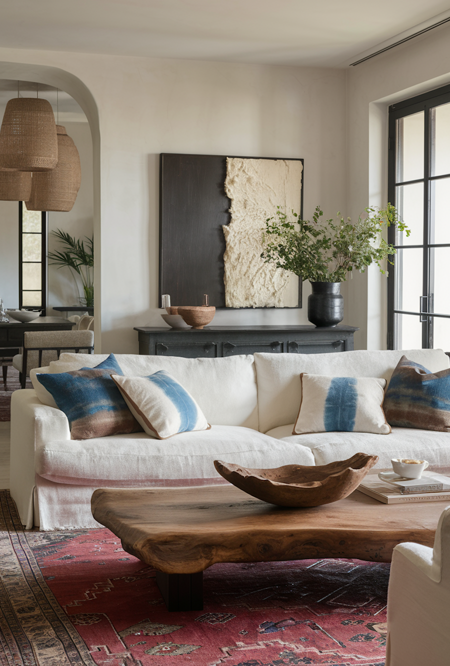 a bohemian living room featuring blue, black, and white decor with natural elements