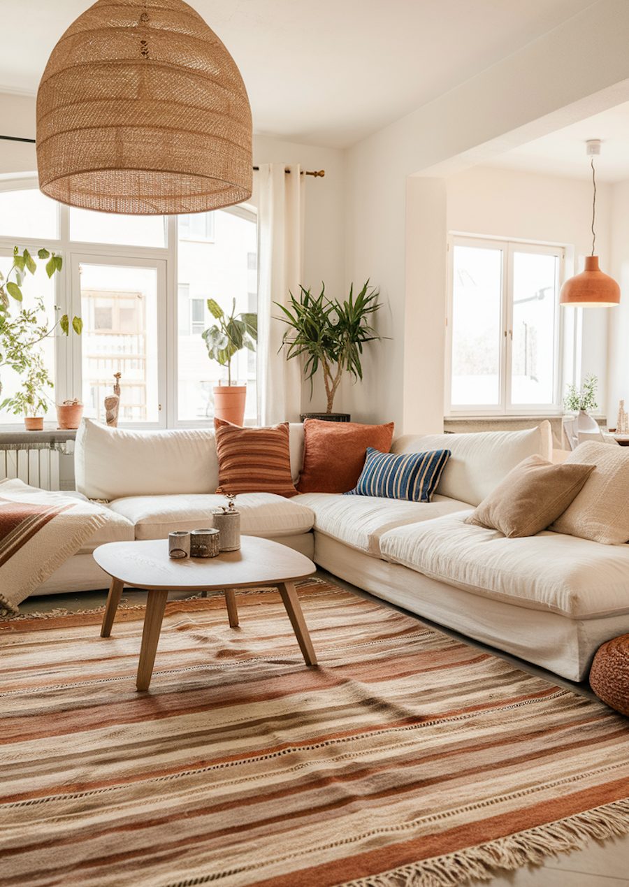 a bohemian living room featuring orange and blue tones