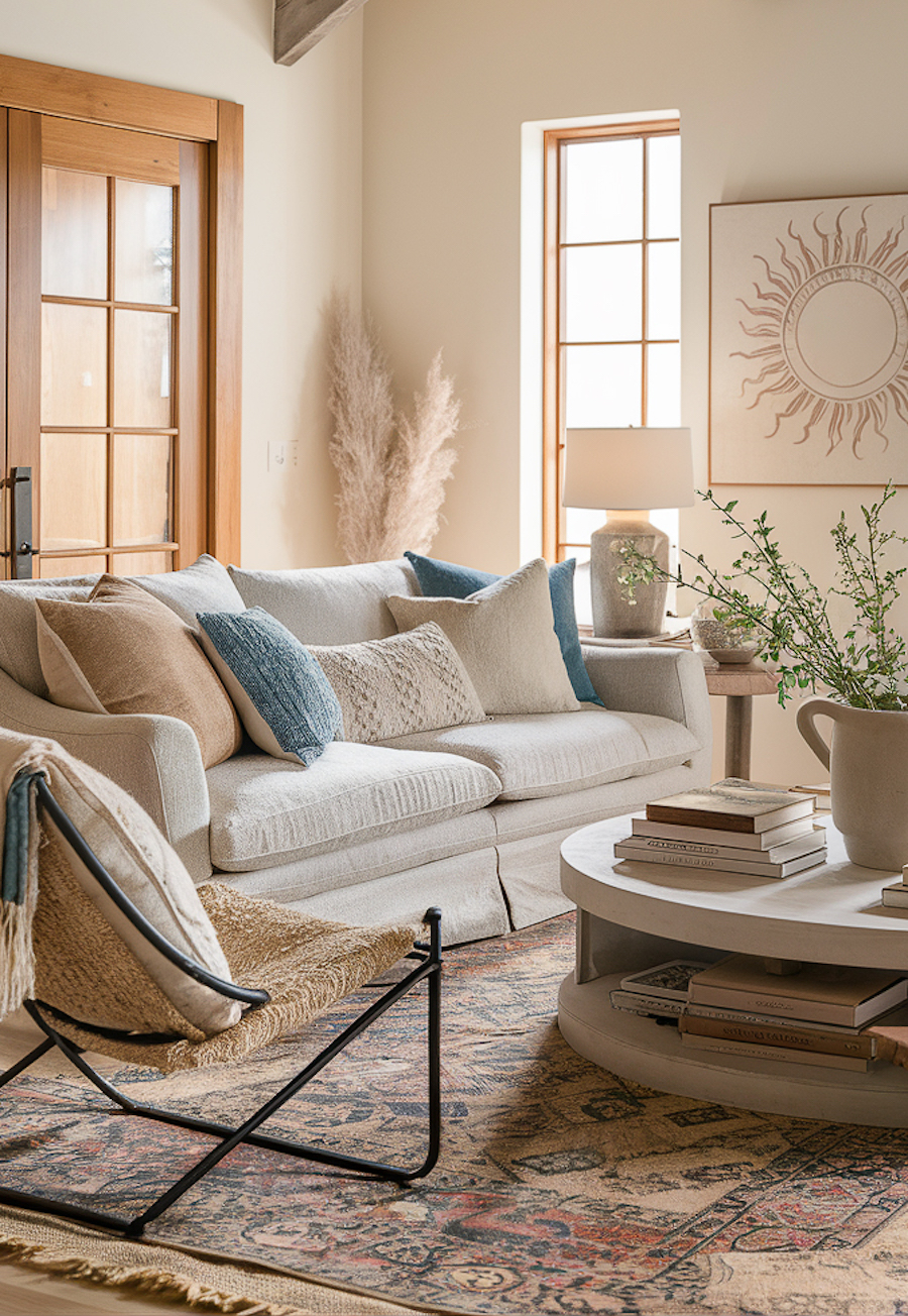 a bohemian living room featuring cream and blue tones with natural decor