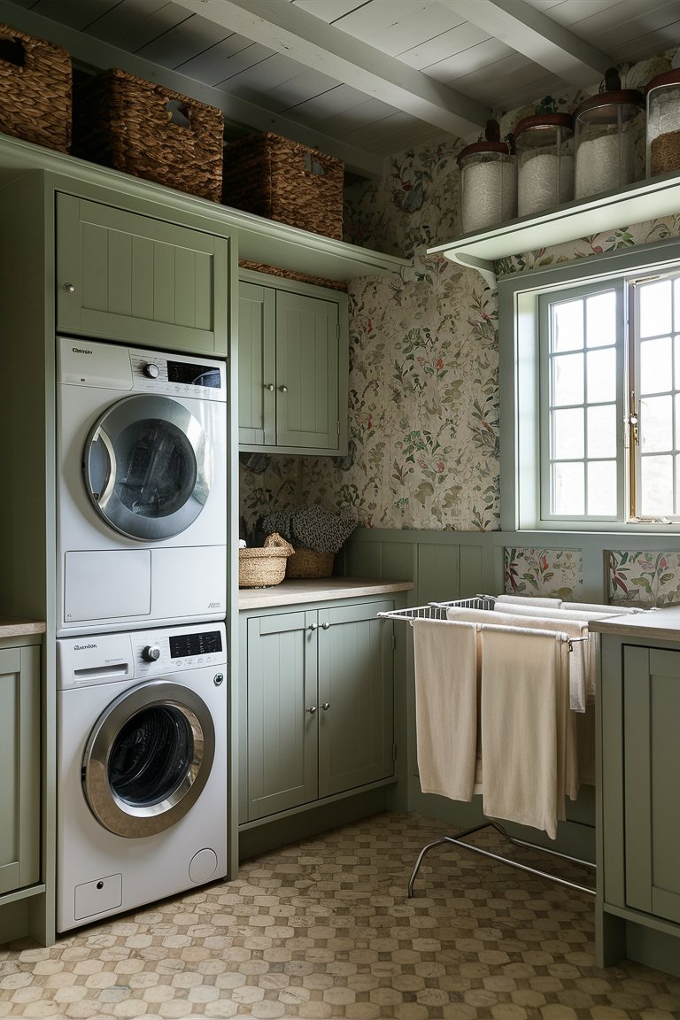 a cottage style laundry room with green paint and floral wallpaper