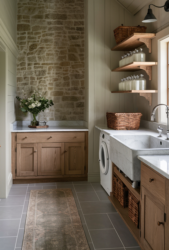 a cottage style laundry room with stone accent walls and other natural elements