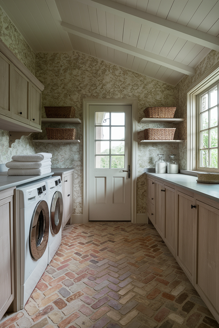 a cottage style laundry room with stone floors and floral wallpaper