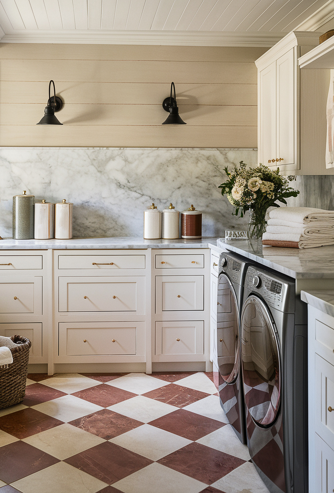 a cottage style laundry room with checkered floors and marble counters