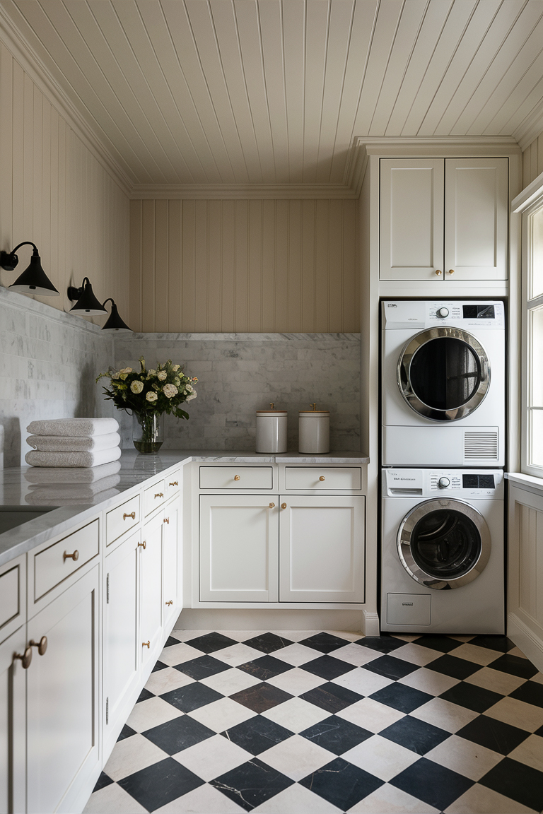 a cottage style laundry room checkered floors and neutral decor