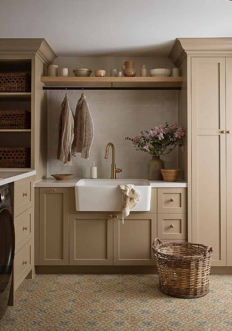 a beige cottage style laundry room