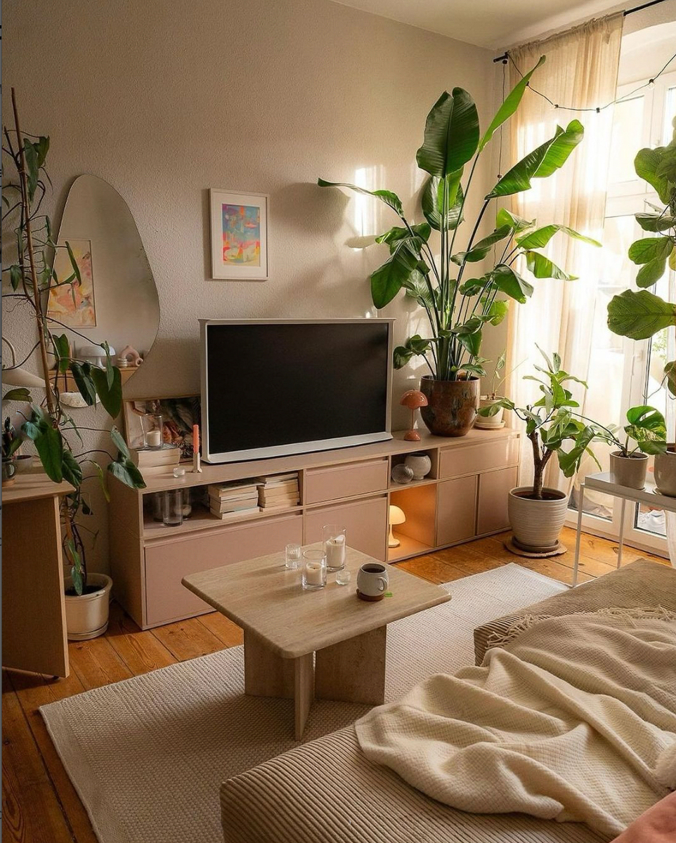 a bohemian living room featuring modern touches and plants