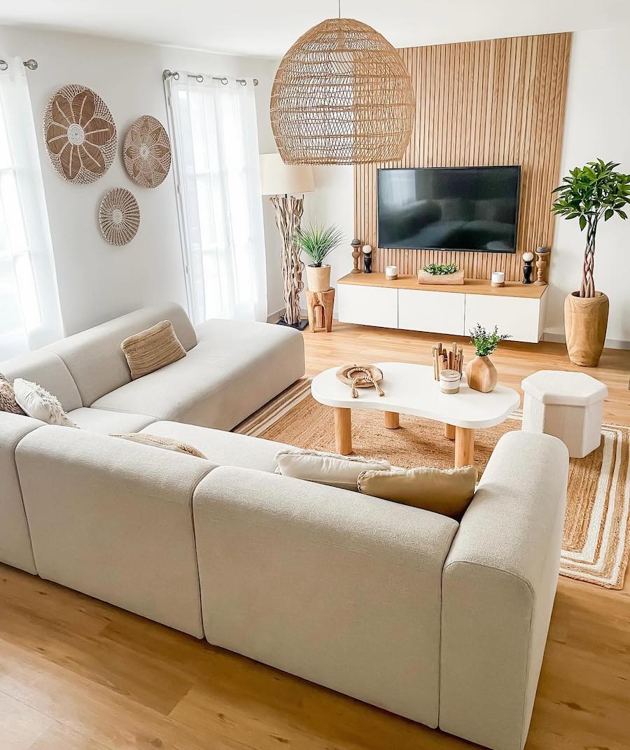 a bohemian living room featuring classic warm neutrals