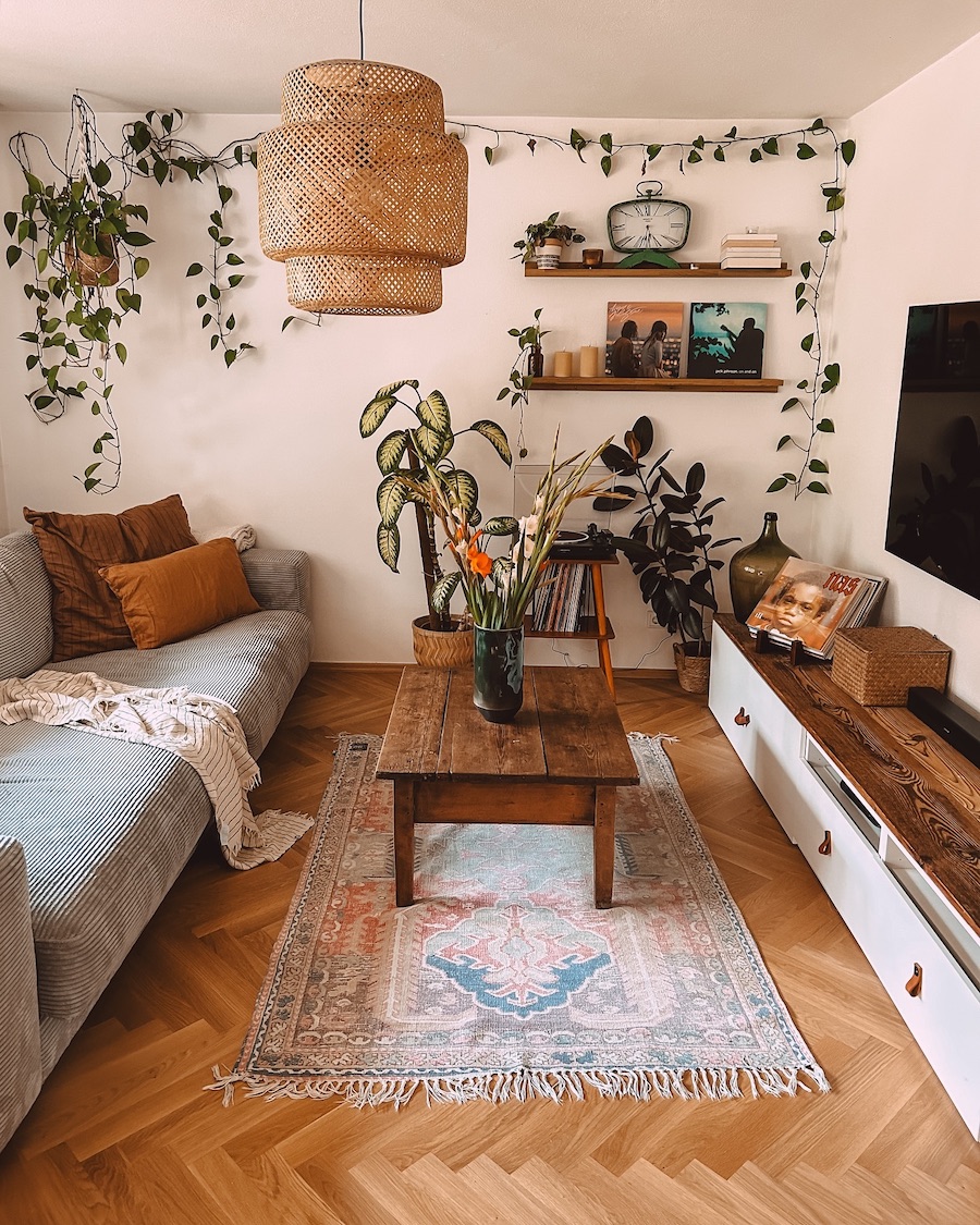 a bohemian living room featuring plenty of houseplants and unique decor