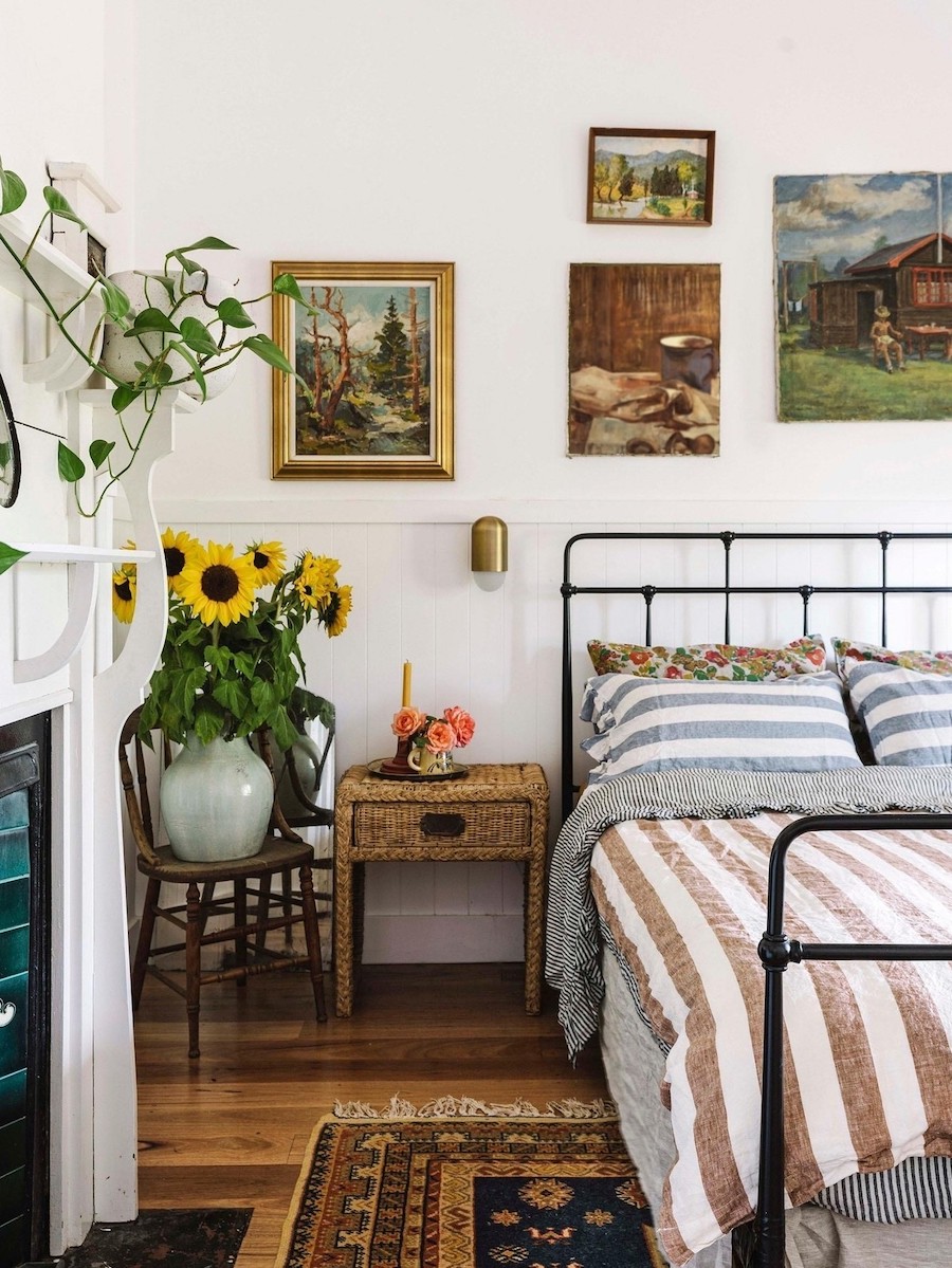 a bedroom with bright and colorful cottage decor