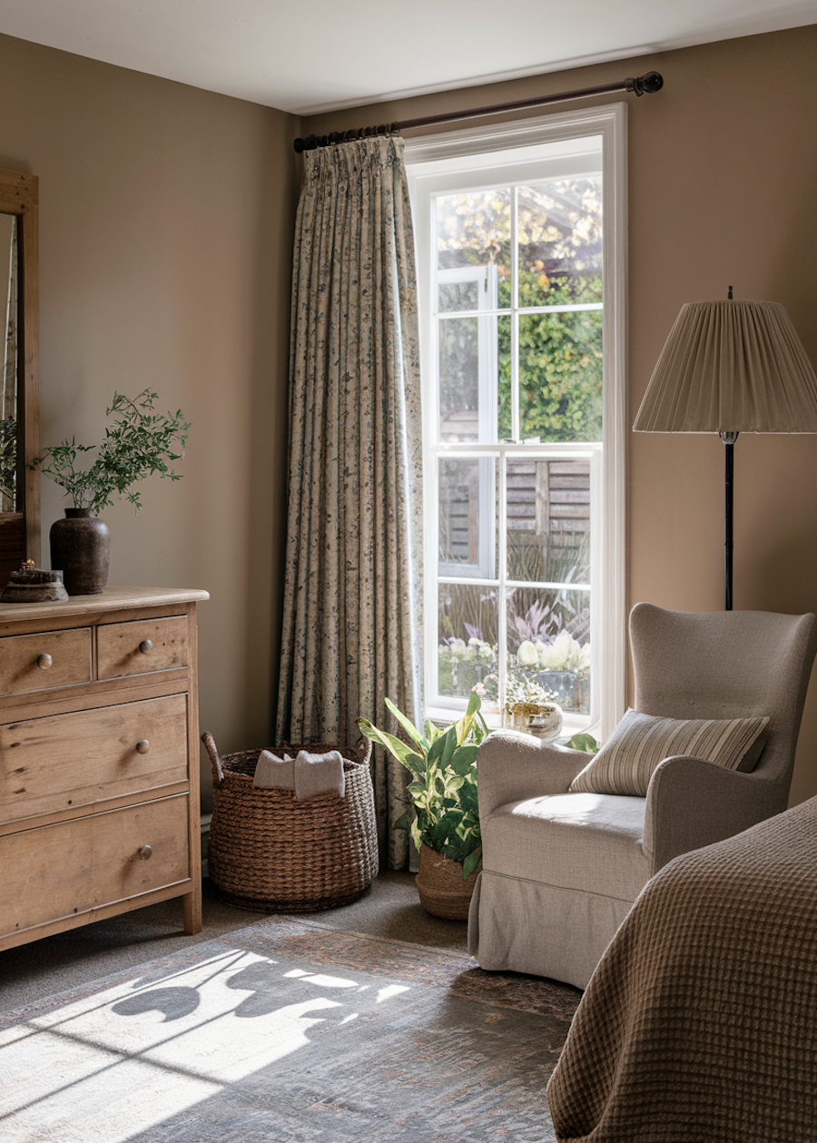 a cottagecore bedroom with warm earthy tones