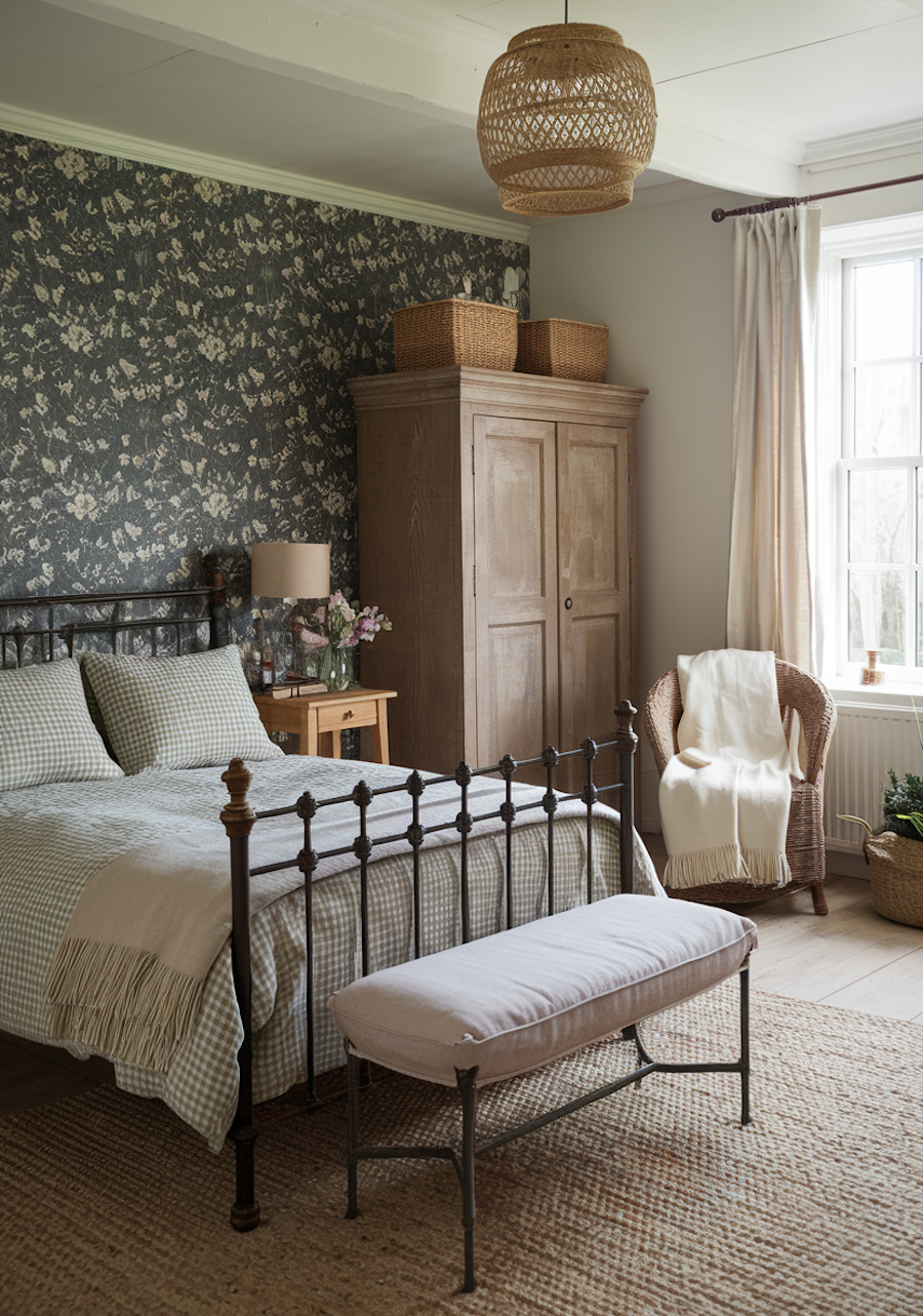 a cottagecore bedroom with floral wallpaper, rattan pieces, and plaid bedding