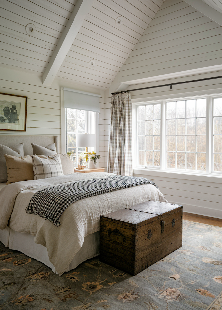 a cottagecore bedroom with shiplap walls and vintage bedding