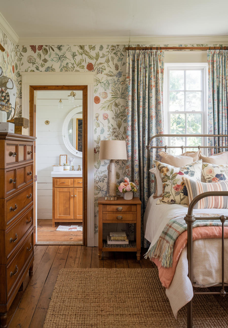 a cottagecore bedroom with floral wallpaper and bedding and bright feminine colors