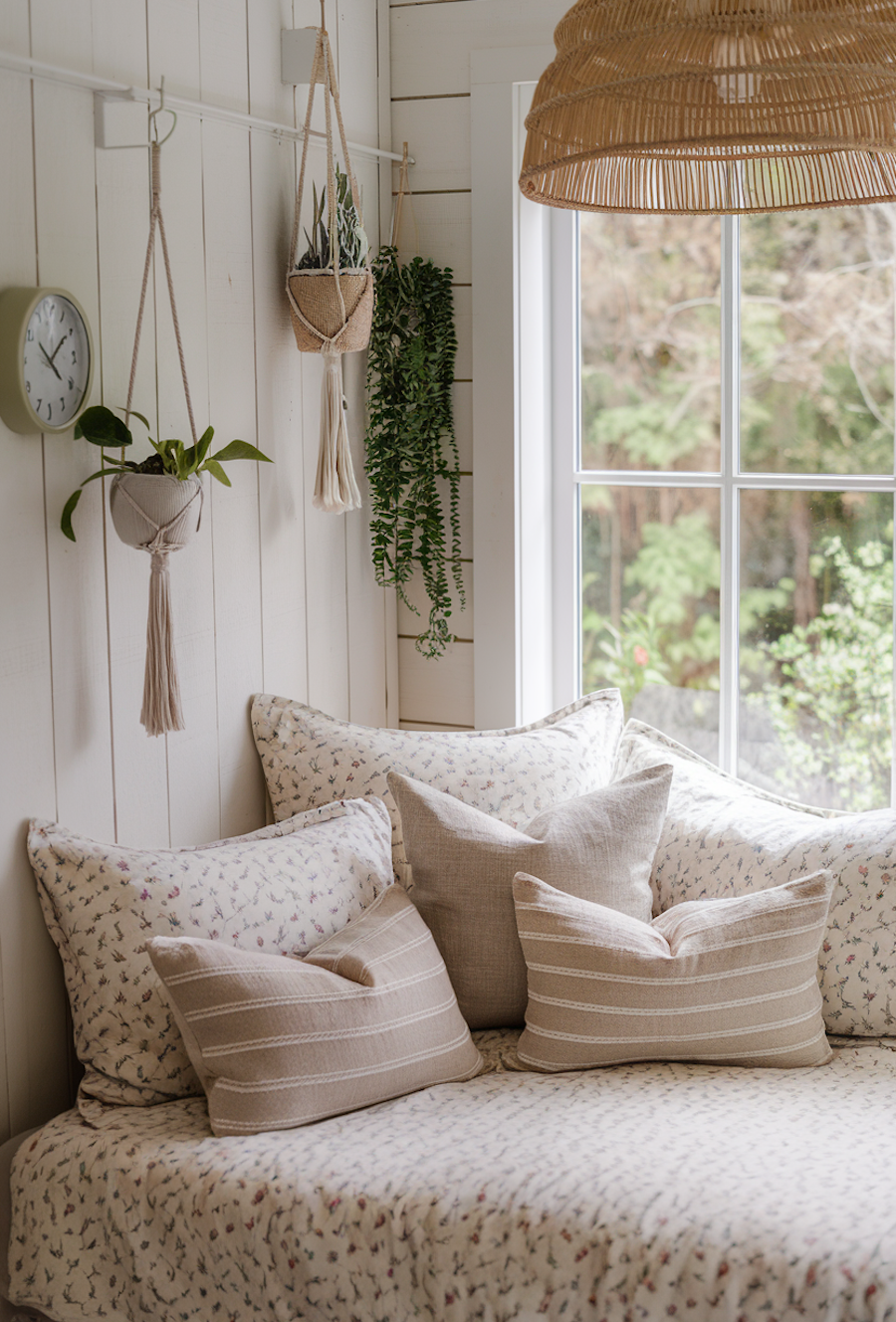 a cottagecore bedroom with floral bedding and boho decor