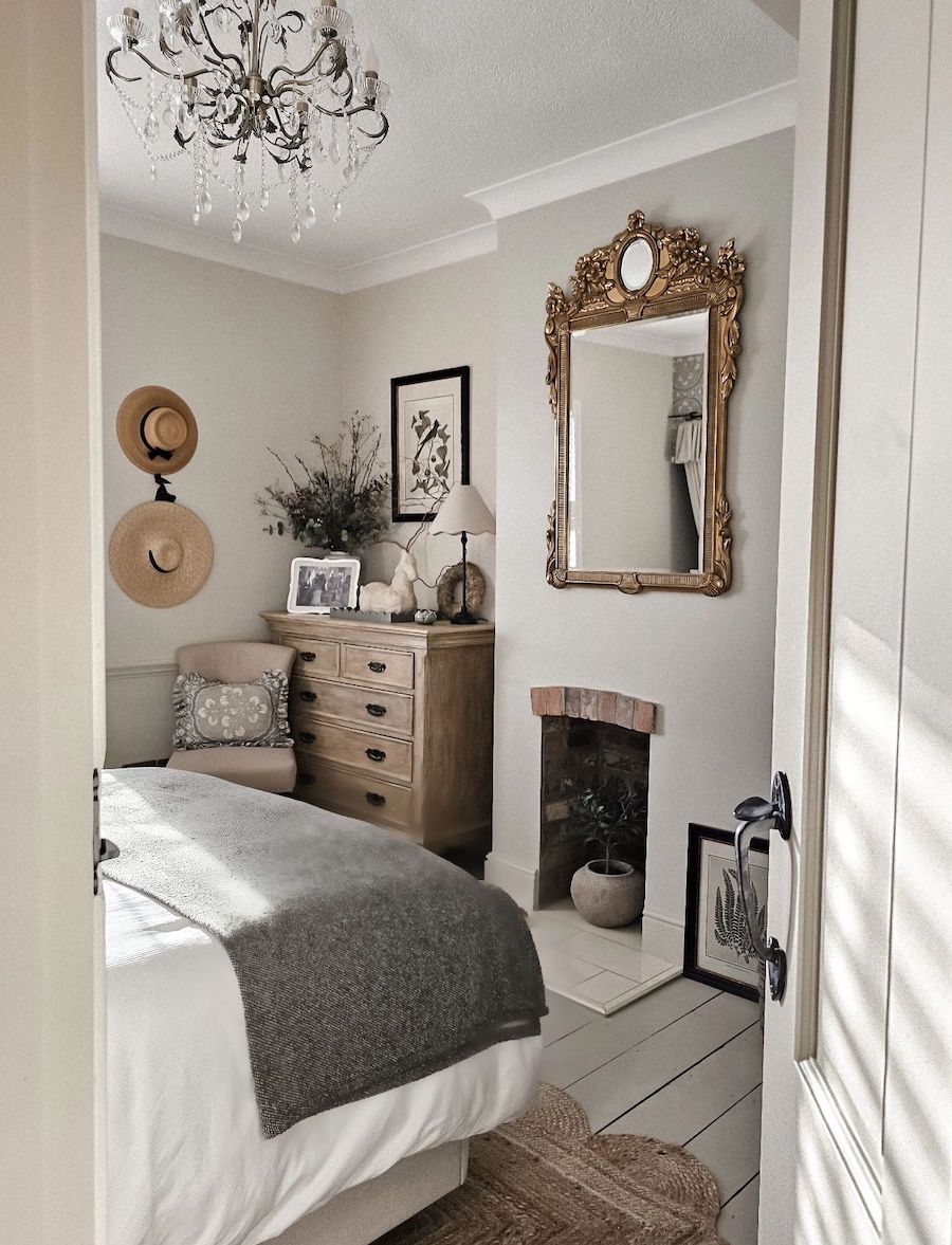 a cottagecore bedroom with traditional decor