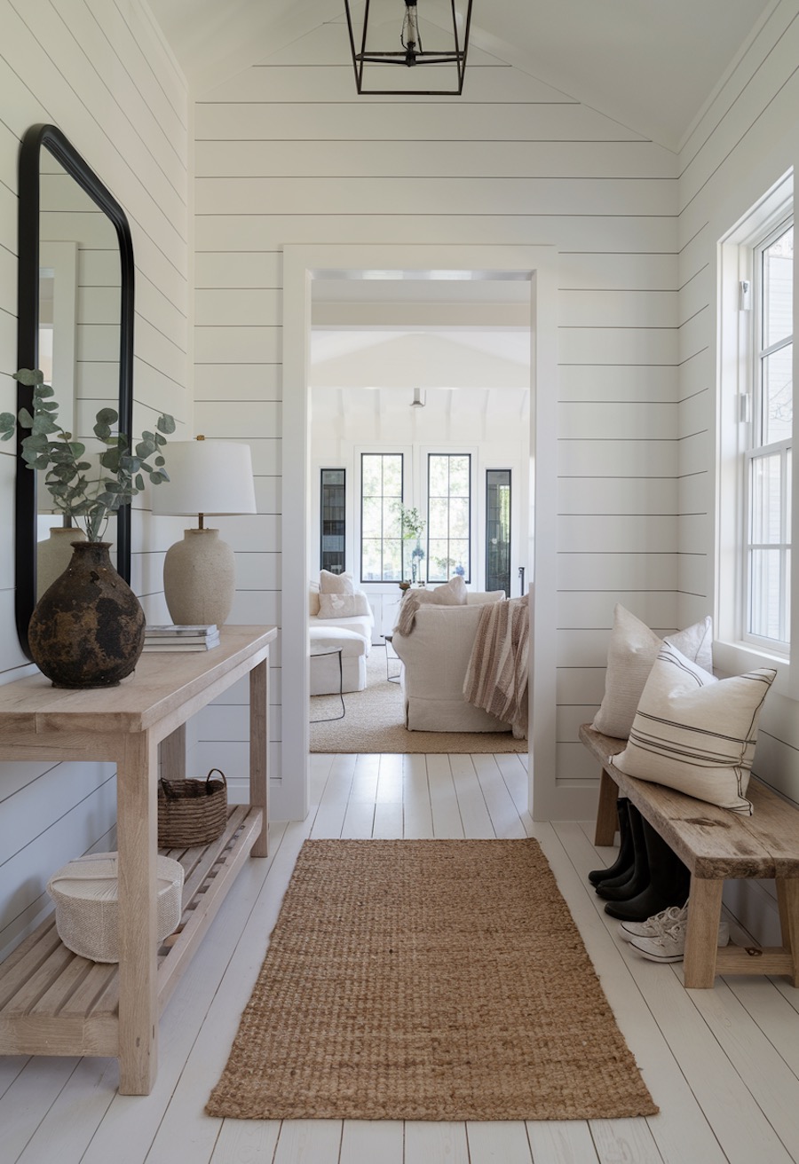 an entryway with cool neutrals and a bench