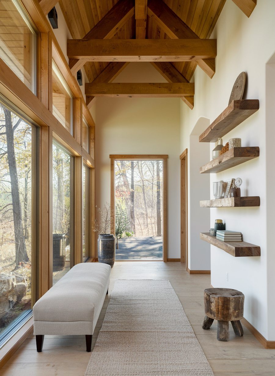 an entryway with floating shelves and an upholstered bench