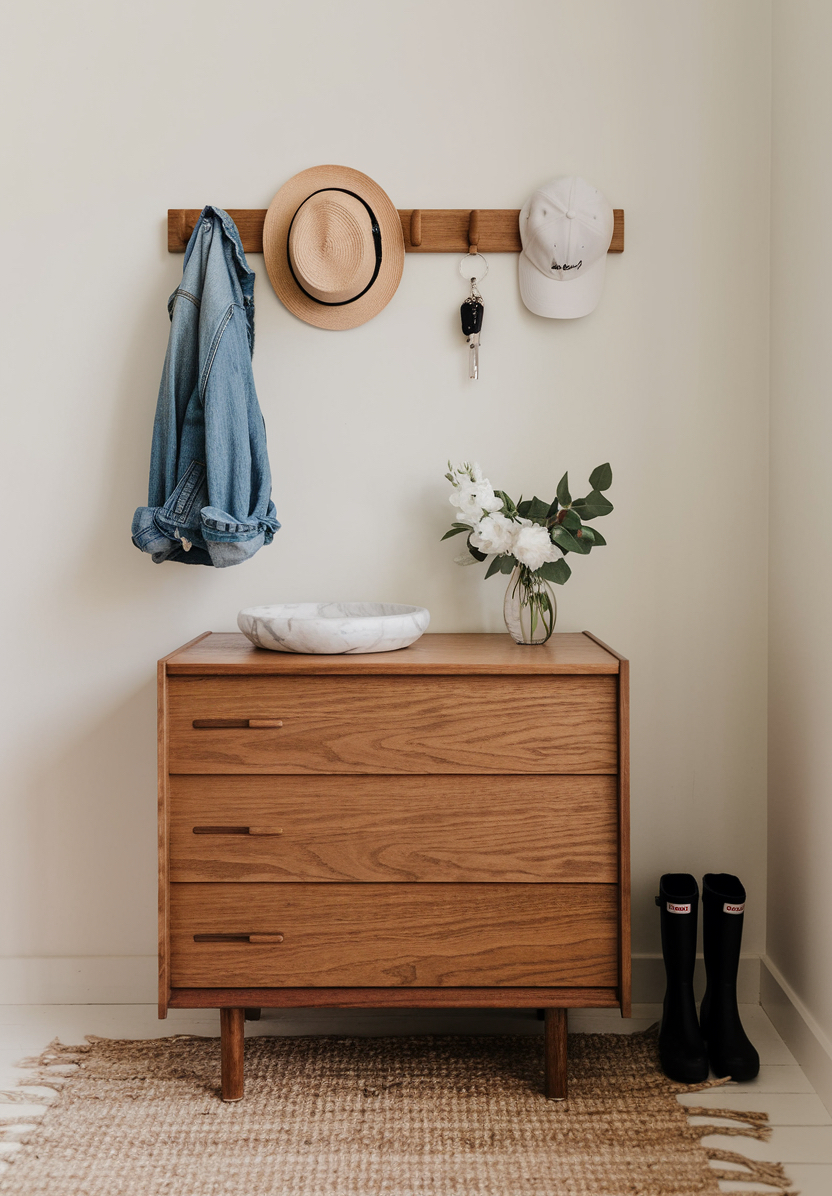 an entryway with a small dresser and pegs