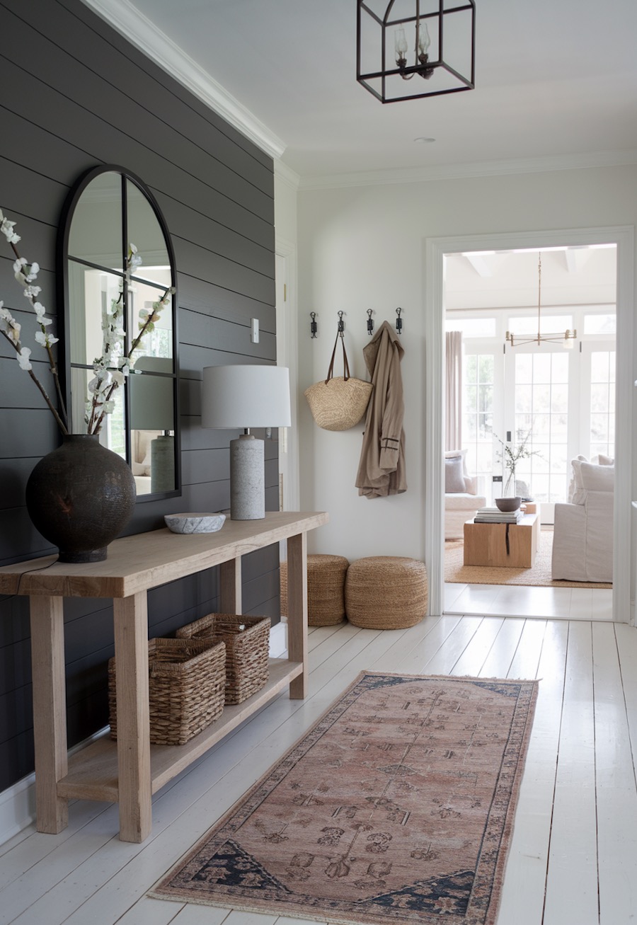 an entryway with a black shiplap wall and cool tones