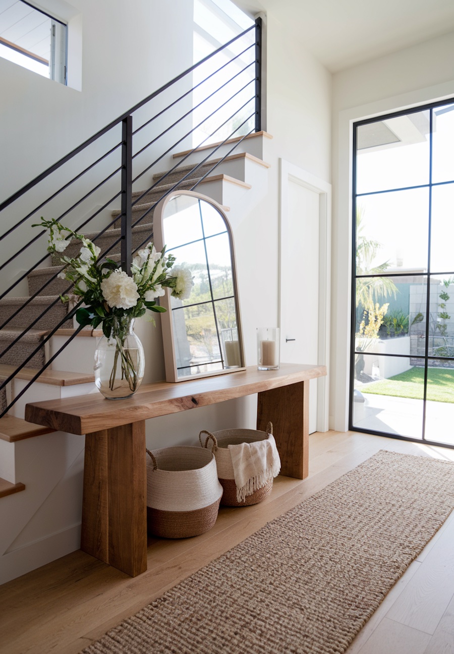 an entryway with a warm wooden table and natural decor