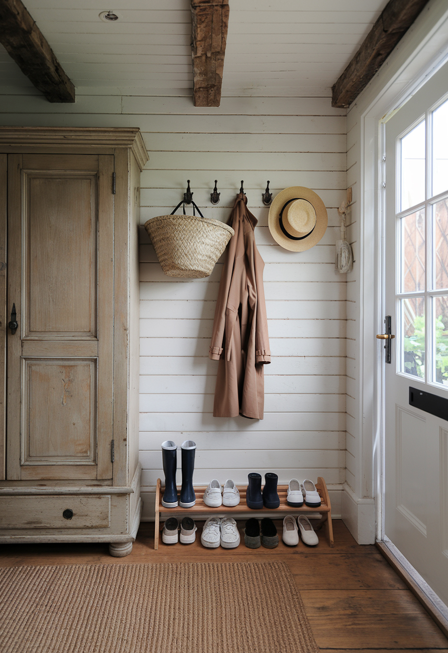 an entryway with a low shoe rack and coat hooks